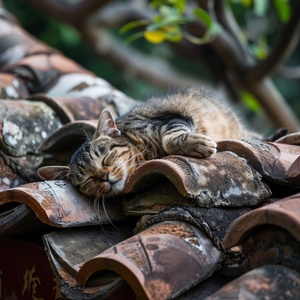 高清摄影，猫猫慵懒的在中式建筑的屋顶瓦片上睡午觉。