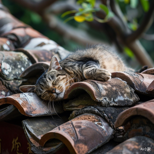 高清摄影：猫咪慵懒地睡在中式屋顶瓦片上