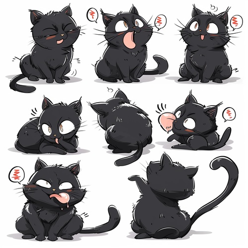 Little cat, black, fat, furry, full body picture, chibi, 9 poses andexpressions,emoticons[Dizzy, happy angry, crying, sad, cute, expecting,laughing, disappointed and shy, sleepy eating, dizzy, expressing love, etc.],Line art, Sticker art