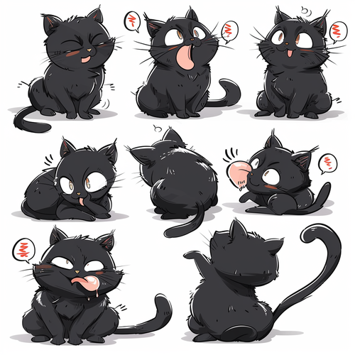 Little cat with 9 poses and expressions: black, fat, furry