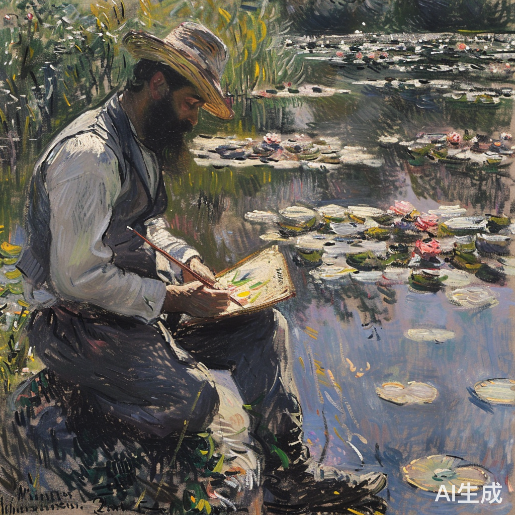 莫奈画家在睡莲池旁写生