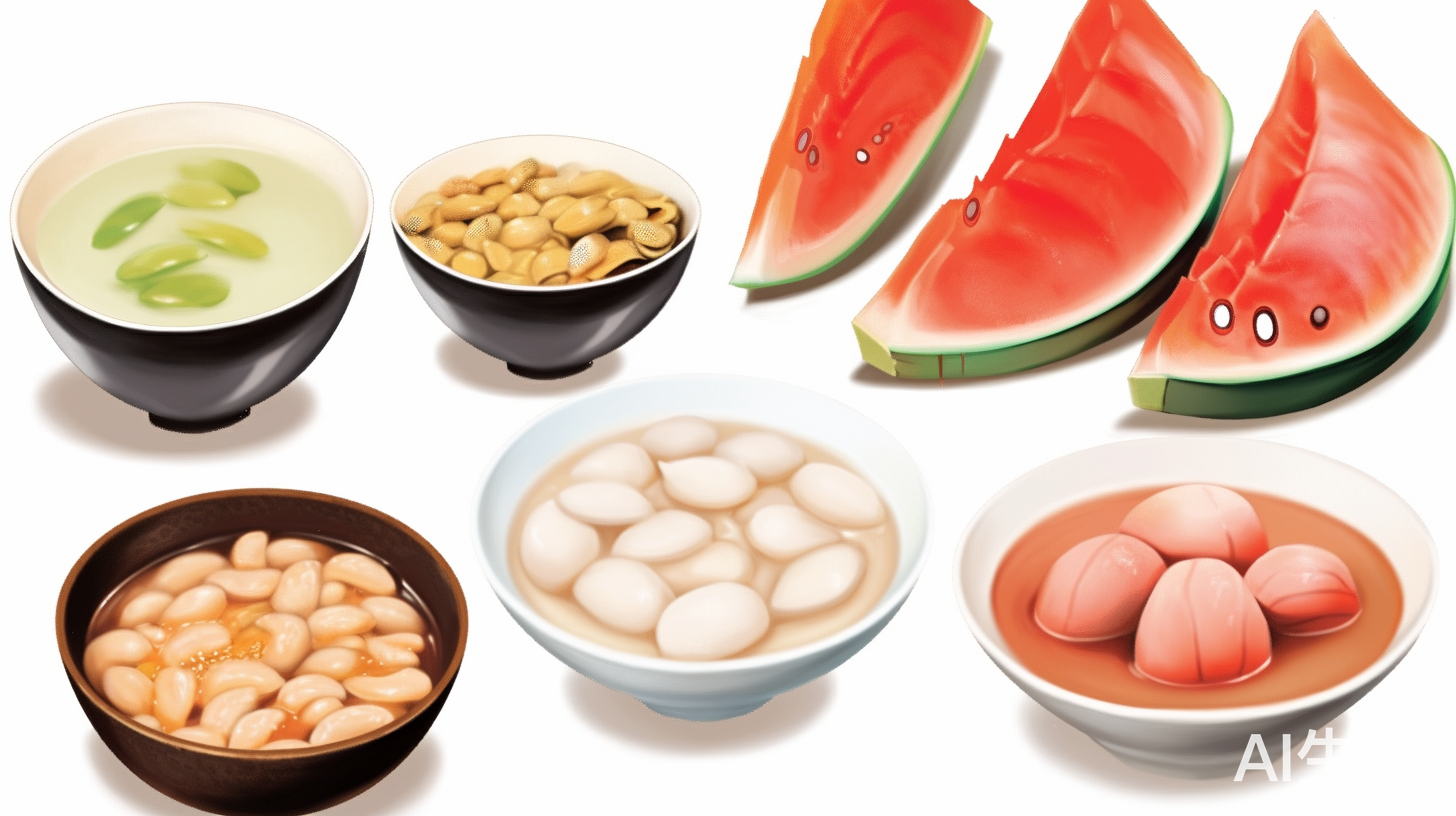 豆浆鱼虾鸡蛋冬瓜绿豆西瓜皮构图