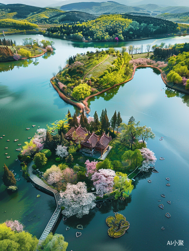 Springtime Beauty: Green Hills, Cherry Blossoms, and Picturesque Islands