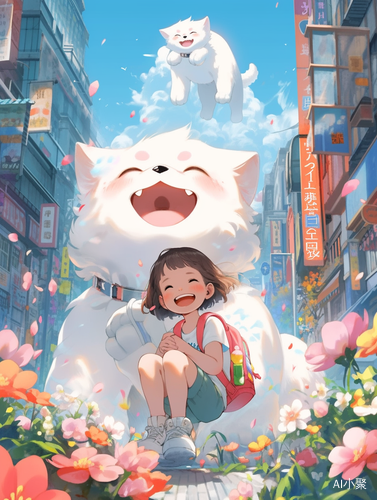 Colorful Japanese Anime: Cute Girl with Giant Cat and Urban Street Background