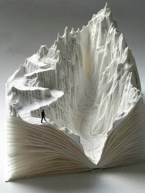 This is an open book with the pages carved into mountain shapes. (一本打开的书，书页被雕刻成山)Characters are written on them. (上面写着字符)The white paper background color creates a sense of depth in space.(白色的纸张营造出空间的深度感)There is a man walking up to these mountains from the bottom left corner, creating three-dimensional effects.(一个人从左下角走到山上，产生了三维效果)