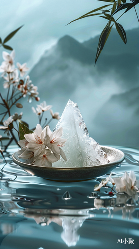 Dreamy Surreal Still Life: Triangular White Jade Ice Zongzi with Nature-inspired Elements