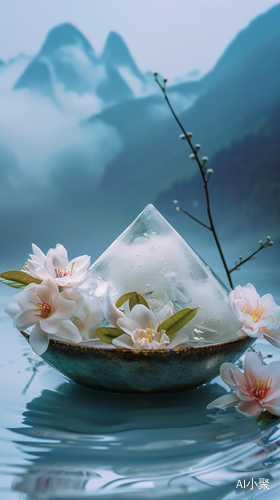 Dreamy Surreal Still Life: Triangular White Jade Ice Zongzi with Nature-inspired Elements