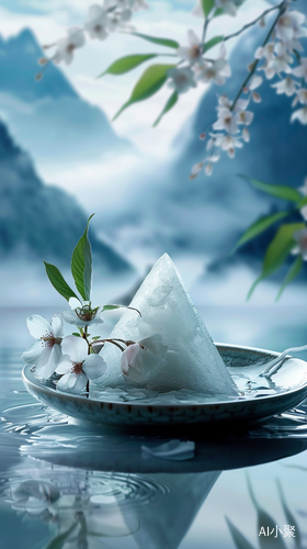 Dreamy Surreal Still Life: Triangular White Jade Ice Zongzi with Nature-inspired Elements