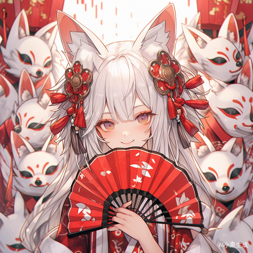 红衣白发十八岁少女挡面扇子狐耳九尾狐