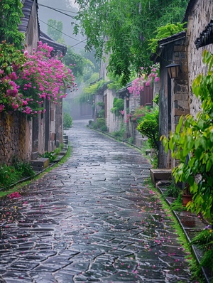 江南古镇，下起了大雨，青石板路，两边的道路长满了鲜花，五颜六色，非常漂亮，安静，超清画质，超高清晰度，超高分辨率，16k ar 9:16