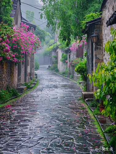 江南古镇，下起大雨，青石板路，鲜花盛开