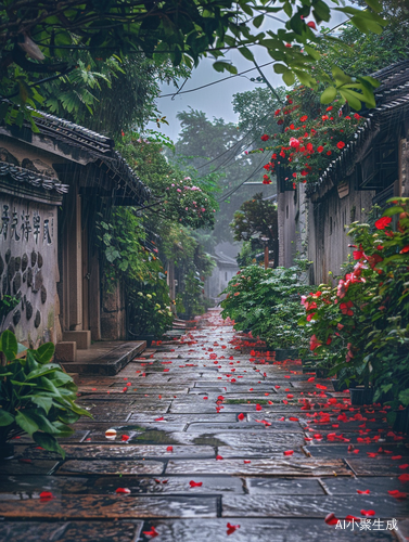 江南古镇，下起大雨，青石板路，鲜花盛开