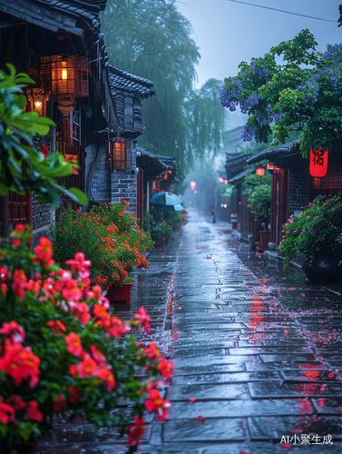 江南古镇，下起大雨，青石板路，鲜花盛开