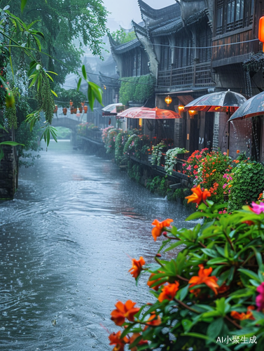 江南古镇：大雨中的鲜花，迷人之美