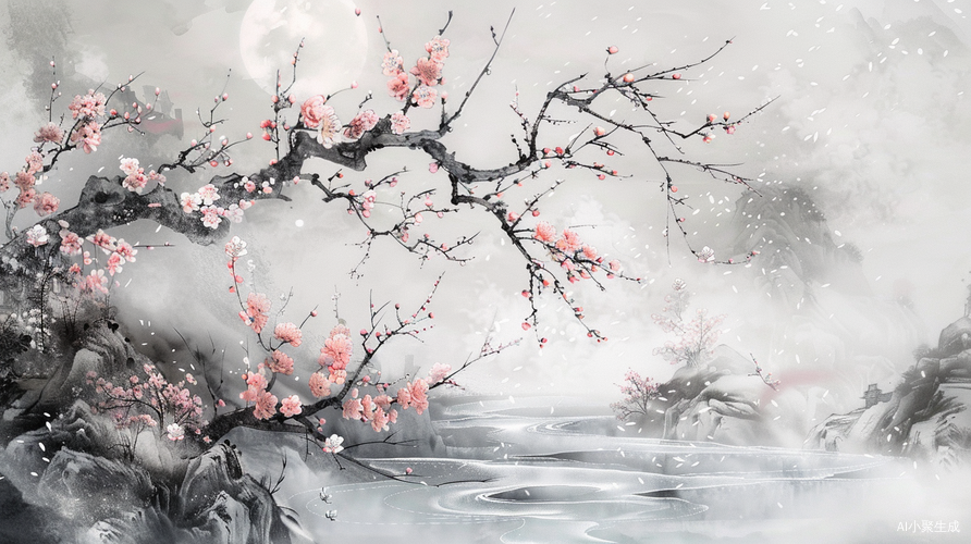 月光洒在盛开花林，江水流淌