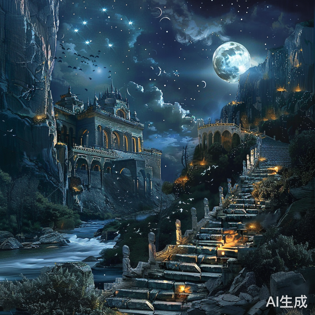 月光熠熠，星星闪烁，宫殿美丽，高山流水，古风仙气