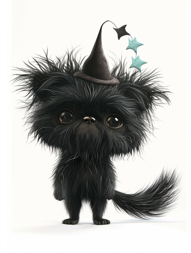 Cute Little Black Dog with Magical Hat and Devil Wings