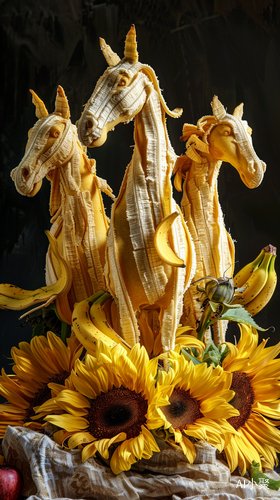 Banana Peel Horse Sculptures and Sunny Day with Sunflowers: A Delightful Combination of Art and Nature