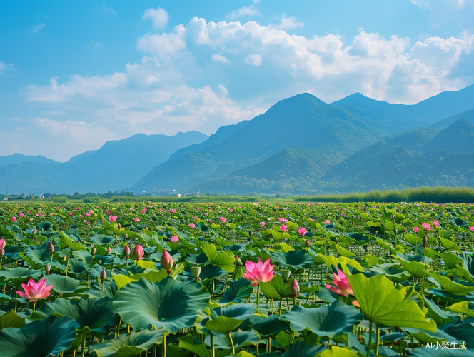 田野里的荷花盛开，山脉远眺