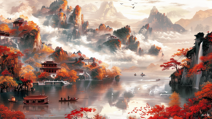 Chinese Traditional Painting: Red Mountains and Water