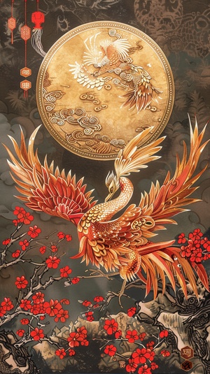 古典国风，主体：金盘、画扇，背景：节日的宴会，构图：金盘和画扇精美华丽，双凤栩栩如生，金色的盘子上装着三角形的粽子。