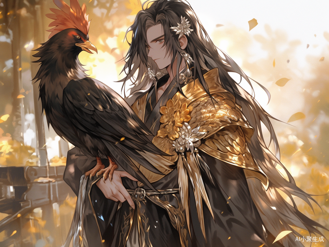 俊美金瞳少年手提黑鸡玄幻