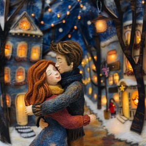 a lovely couple is hugging each other on the street at night>, wool felt, handmade, fine art, 3d, realistic detail, felt world