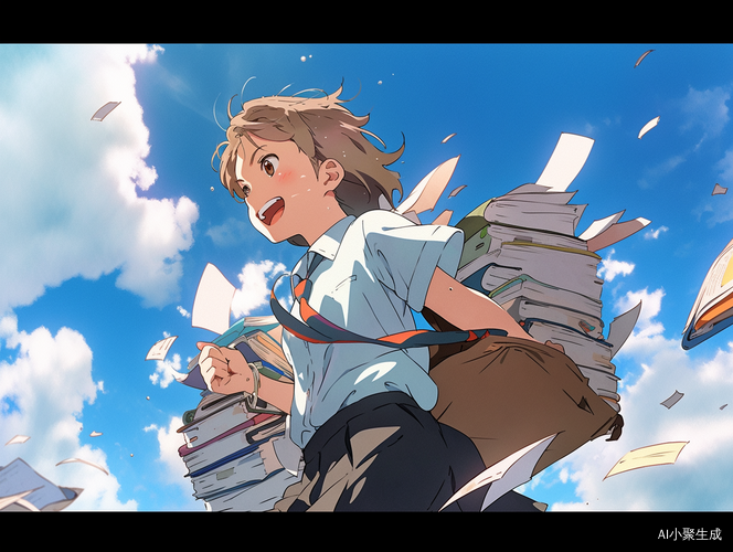 奔跑学生-坚定目光，蓝天白云背景