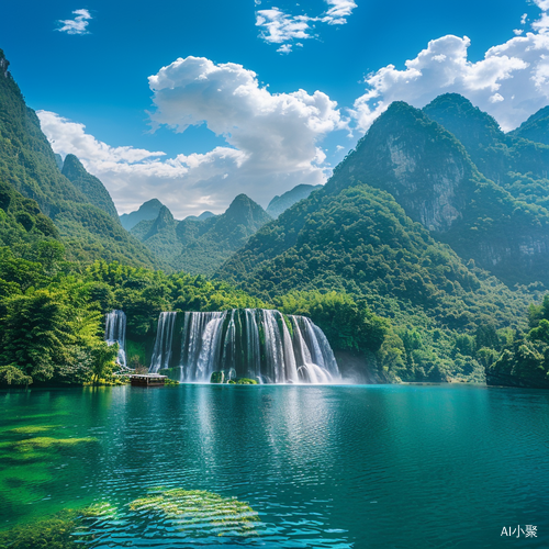 苍穹中的碧绿瀑布和绚丽花海