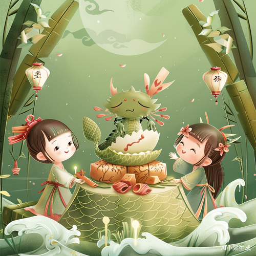 可爱的粽子与端午艺术字的绿色背景