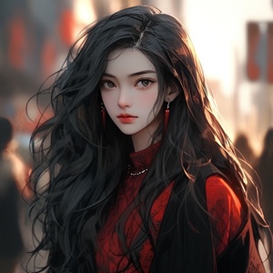 Chinese girl with long hair, wearing black and red lipstick in the city street, in the style of anime, dark gray and light amber, charming character illustrations with exquisite facial features, wavy brush strokes in a fantasy art style with meticulous details, digital painting closeup portrait at half length. ar 3:4