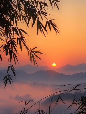 在清晨,天空是橙色的,夕阳在你面前。庐山顶上有雾,竹叶垂下来。远处的山被雾气笼罩,形成了美丽的风景。这张照片采用高清摄影技术捕捉了日出的每一个细节。它有鲜艳的颜色和细腻的光效,突显自然美。明亮的色调营造了温暖的氛围。以高清摄影的风格呈现。