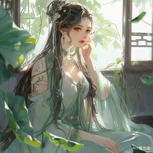 优雅美丽的古代中国女孩在莲花池旁
