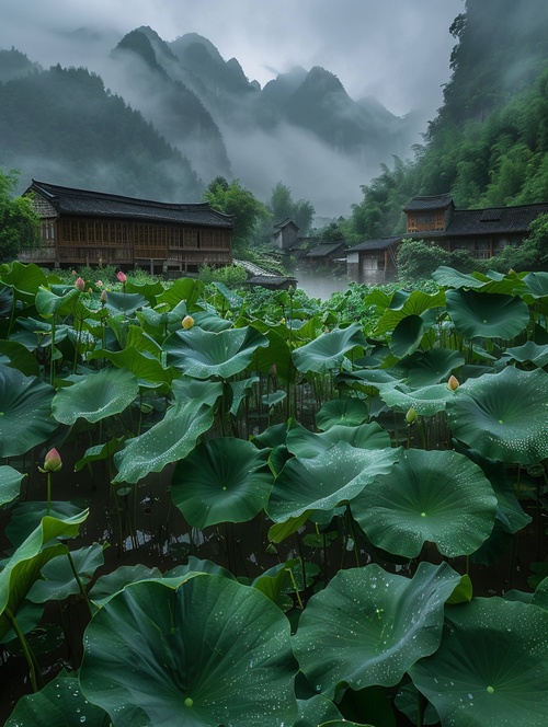 雨后，浓雾笼罩在中国小山村里的小木屋周围。在雾气缭绕的河流中，莲花优雅地绽放，描绘出一幅宁静和谐的美丽画面。荷花绽放，长了很多莲蓬，荷叶上有许多水珠，高清晰度，真实摄影，广角镜头，