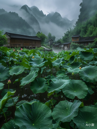 中国小山村的雨后莲花绽放