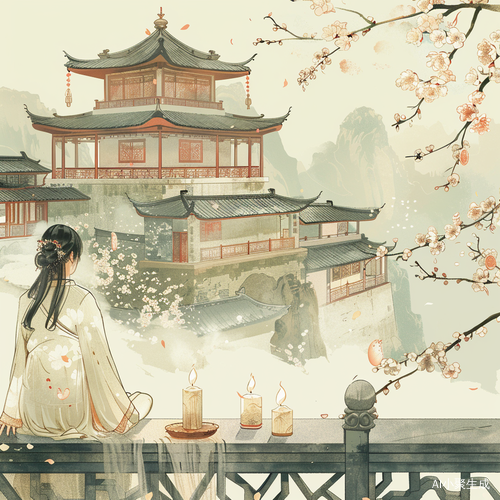 美人淡妆春晖繁花