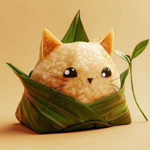 A cat-shaped zongzi, madeof glutinous rice, with an adorableexpression, half wrapped in conical leaves, with the head sticking out of the leaves, arranged at regular intervals, cartoon style, macro lens, studio lighting, and bold color matching.