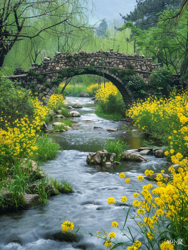 Ancient Stone Bridge amidst Blooming Rapeseed Flowers