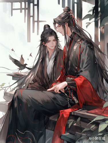 中国古代风格的两个黑发男子