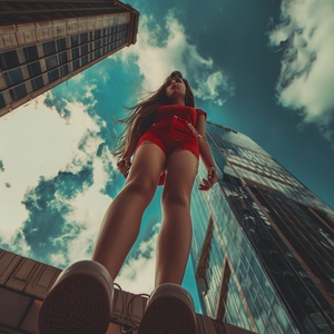 One girl, long legs, look up, epic shot, Fashion style, dynamic pose, realistic style, HD, bright scene, commercial photography, 32k ar 5:6