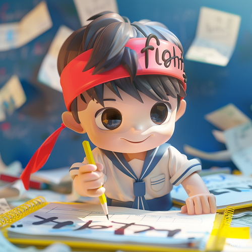 Intently Writing Boy with Fighting Headband