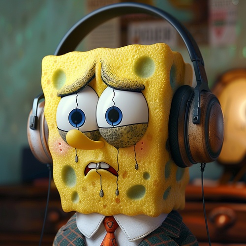 Spongebob Beechburg is wearing headphones and a suit. He looks sad and has tears in his eyes.