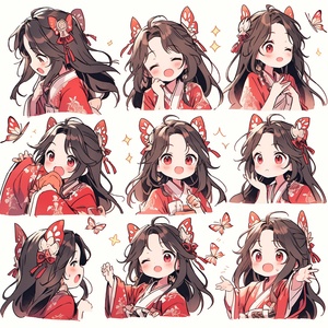 小女孩，红色汉服，古典精致，全身图，chibi，9种姿势和表情，emoticons[头晕、高兴、生气、哭泣、悲伤、可爱、期待、大笑、失望和害羞、困倦、吃饭、头晕、表达爱意，等]，线条艺术，贴纸艺术，白色背景