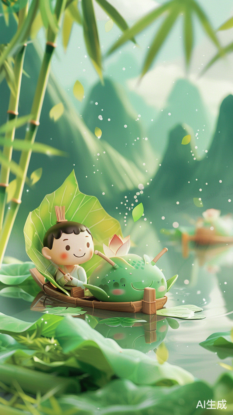 Dragon Boat Festival: Cute Boy in Dragon Boat surrounded by Lotus Leaves