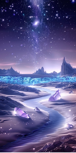 This is a surreal and exquisite CG rendering. Night, the light blue of the sky, covering the beach glaciers, purple crystal heart stone, light path, feathers, moon, stars, art, high resolution, the starry sky, many small colorful light particles, is the Milky Way, the arctic, tundra and tip to illuminate, fantasy, high detail, beautiful, 8 k, tane light shadow, complex details of ultra wide Angle, panoramic camera, 8 k. High definition. Volume light