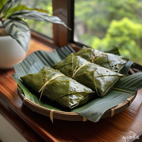 标题：清晨的端午节，亲手制作的粽叶装饰和鸭蛋的祝福