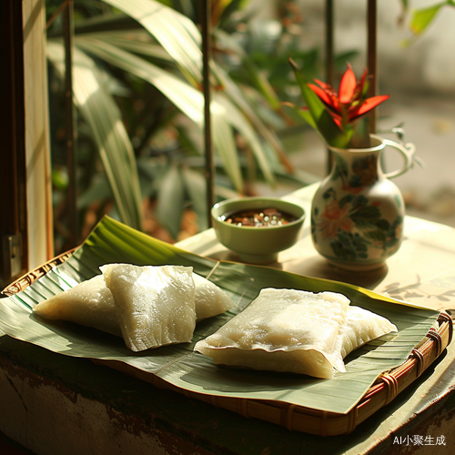 标题：清晨的端午节，亲手制作的粽叶装饰和鸭蛋的祝福