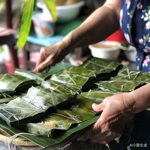 标题：清晨的端午节，亲手制作的粽叶装饰和鸭蛋的祝福