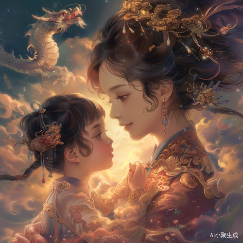 幻想中國舞中的女孩與關愛的媽媽