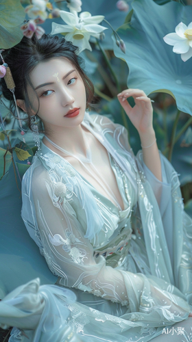 古典与自然的交织：汉服美女与兰花蓝莲相映